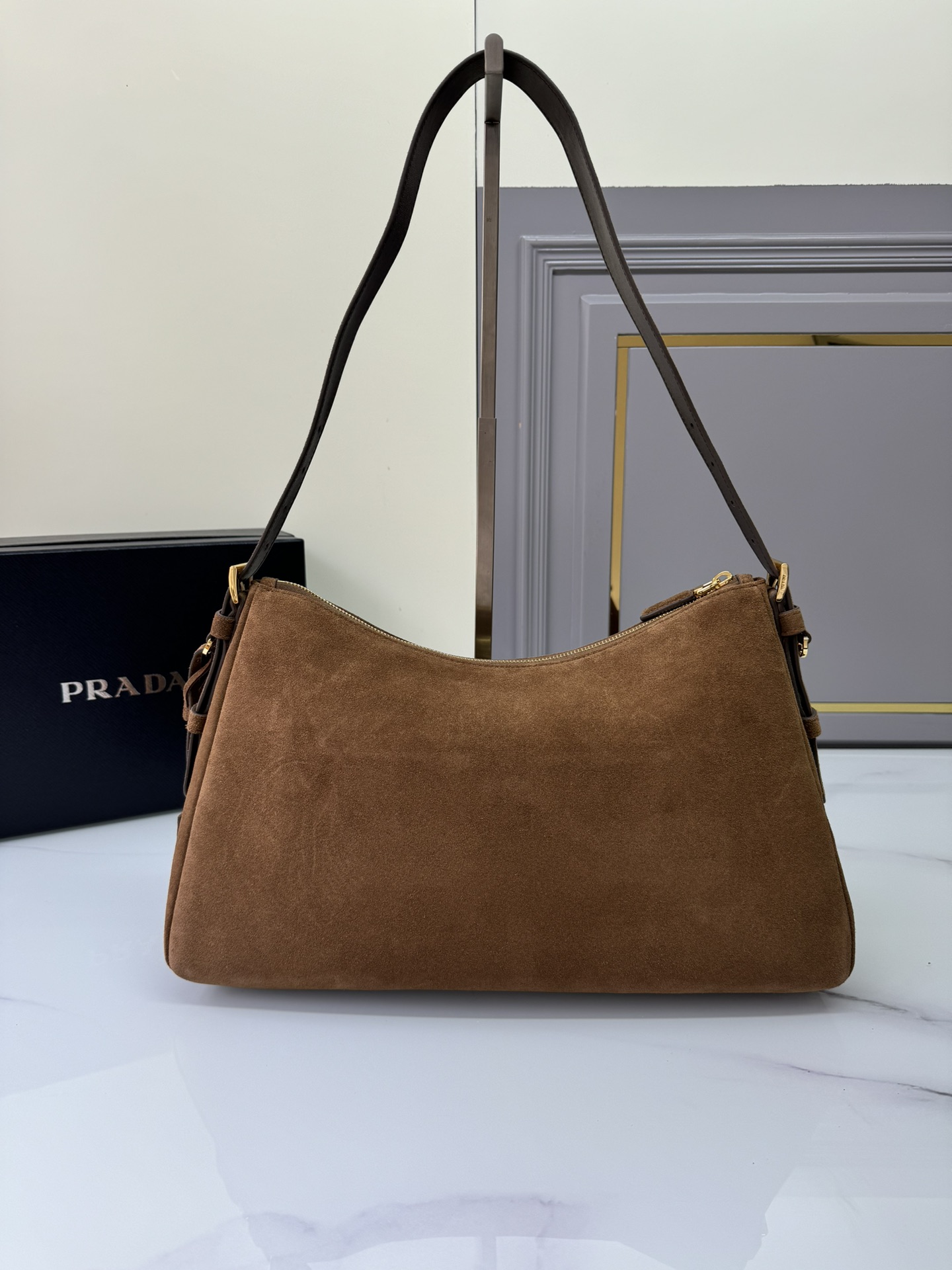 [TOP] PRADA Suede Calfskin Hobo Bag 39x24x11.5cm - Brown