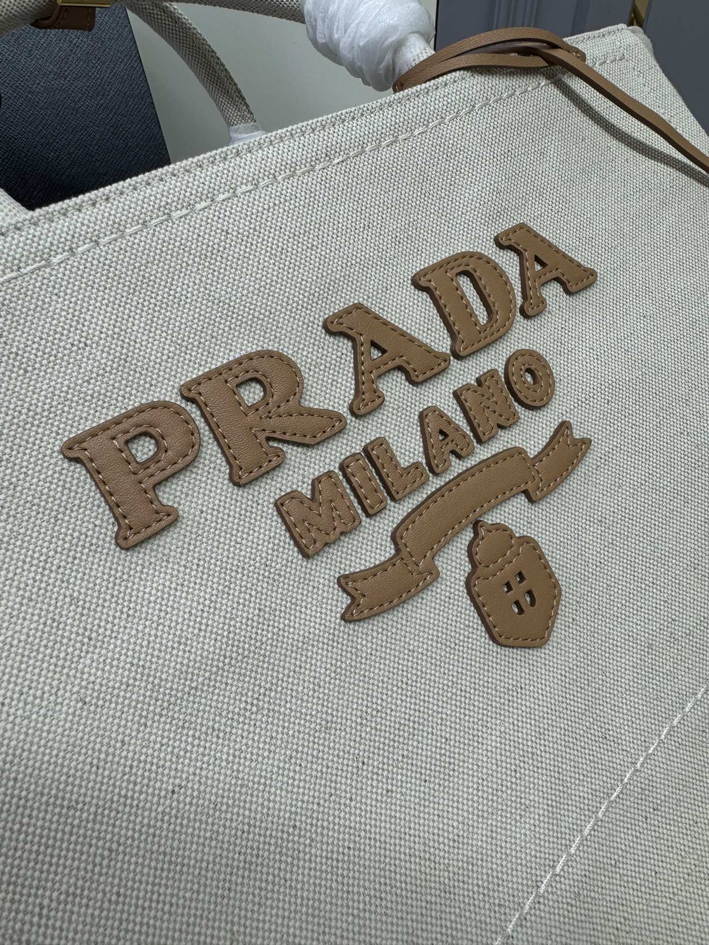[TOP] PRADA Linen Canvas Tote Bag 39×31×17cm/31x25x14cn - Beige