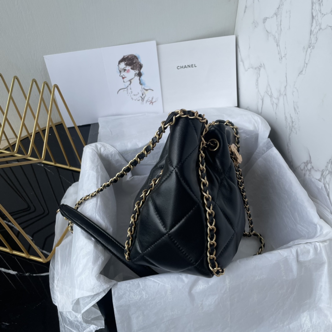 [TOP] CHANEL Lambskin Quilted CC Dweller Drawstring Bucket Bag  17.5×18×12cm - Black