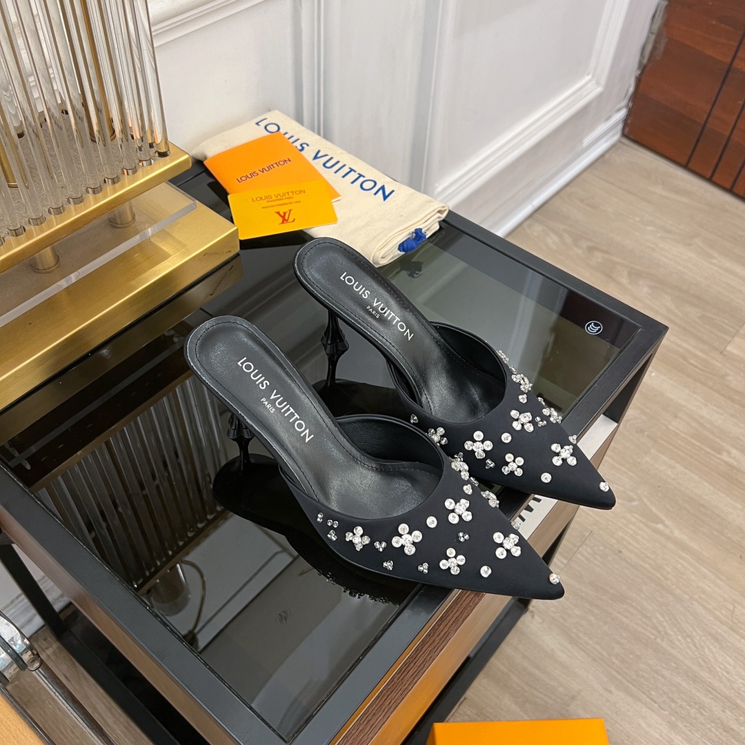 [TOP] Louis Vuitton LV 5.5cm/7.5cm High-heeled Slingback Slippers with Hand-sewn Diamond Pointed - Black