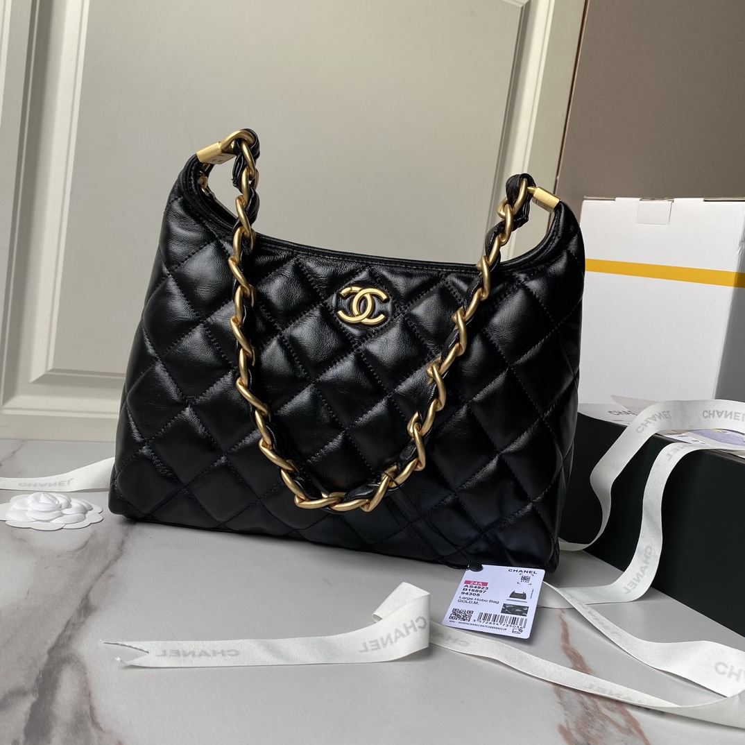 [TOP] CHANEL Waxed Lambskin Hobo Bag 22.5×19.5×8.5cm/38×20×10.5cm - Black