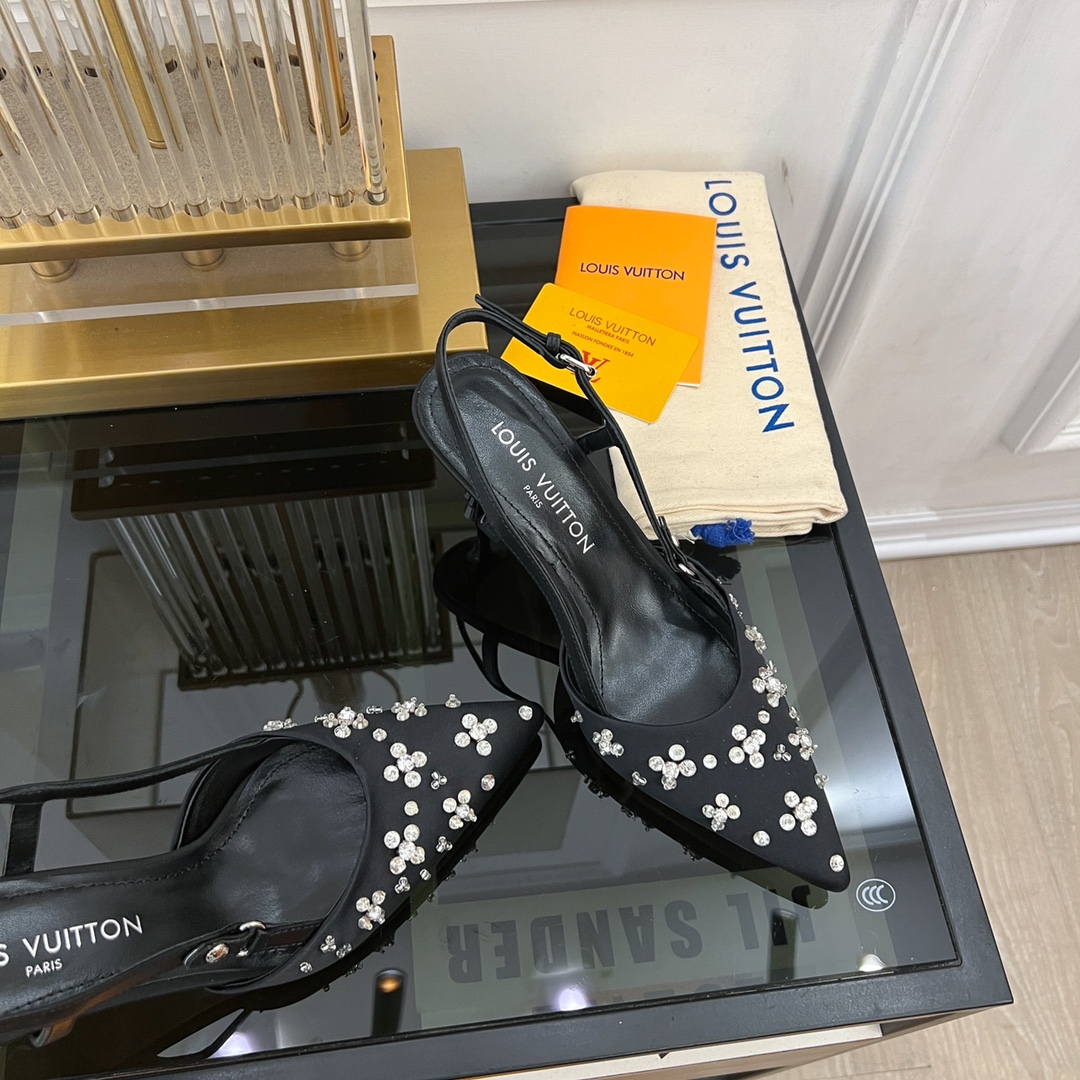 [TOP] Louis Vuitton LV 5.5cm/7.5cm High-heeled Slingback Sandals with Hand-sewn Diamond Pointed - Black