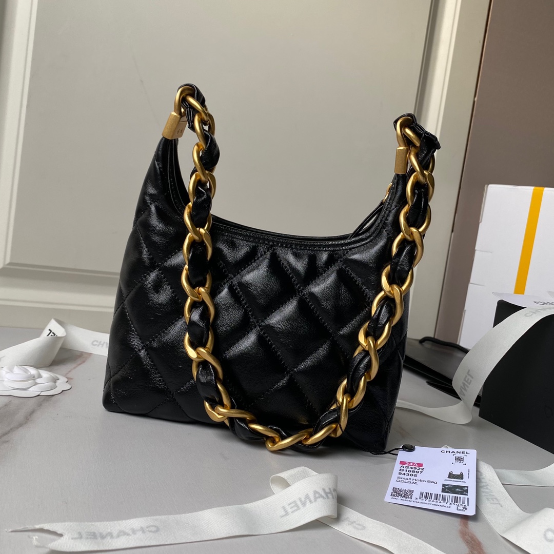 [TOP] CHANEL Waxed Lambskin Hobo Bag 22.5×19.5×8.5cm/38×20×10.5cm - Black