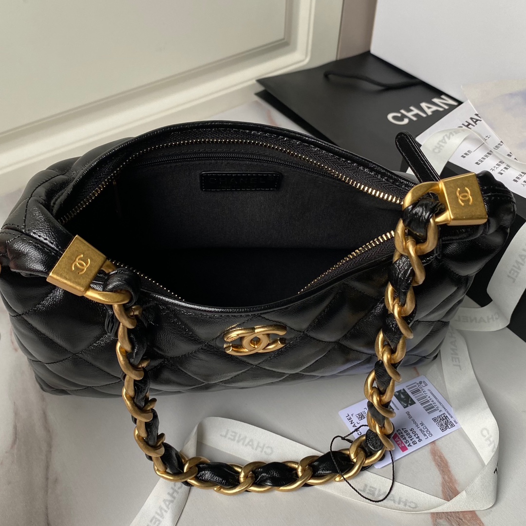 [TOP] CHANEL Waxed Lambskin Hobo Bag 22.5×19.5×8.5cm/38×20×10.5cm - Black