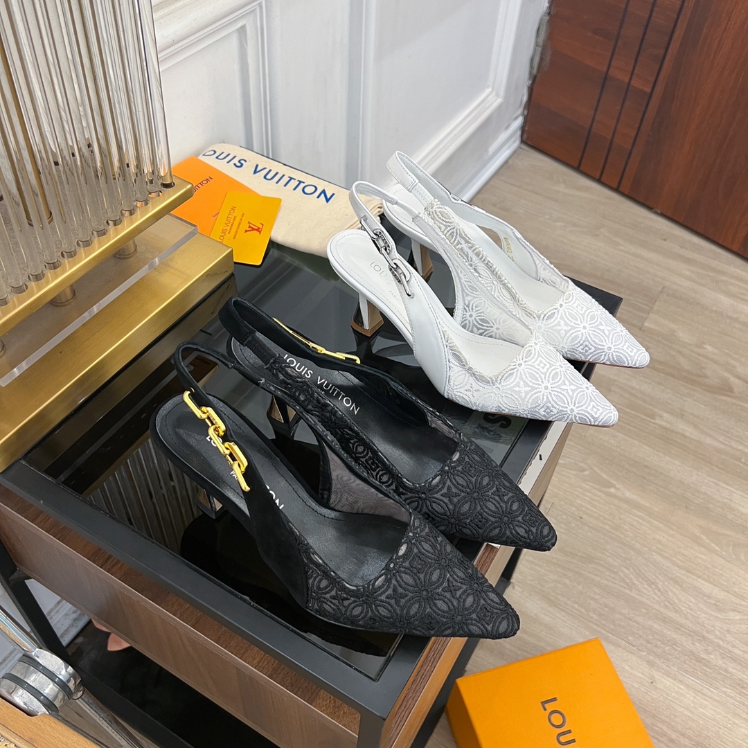 [TOP] Louis Vuitton LV Pointed Lace Mesh 6.5cm/9.5cm High Heel Sandals - 2 Color