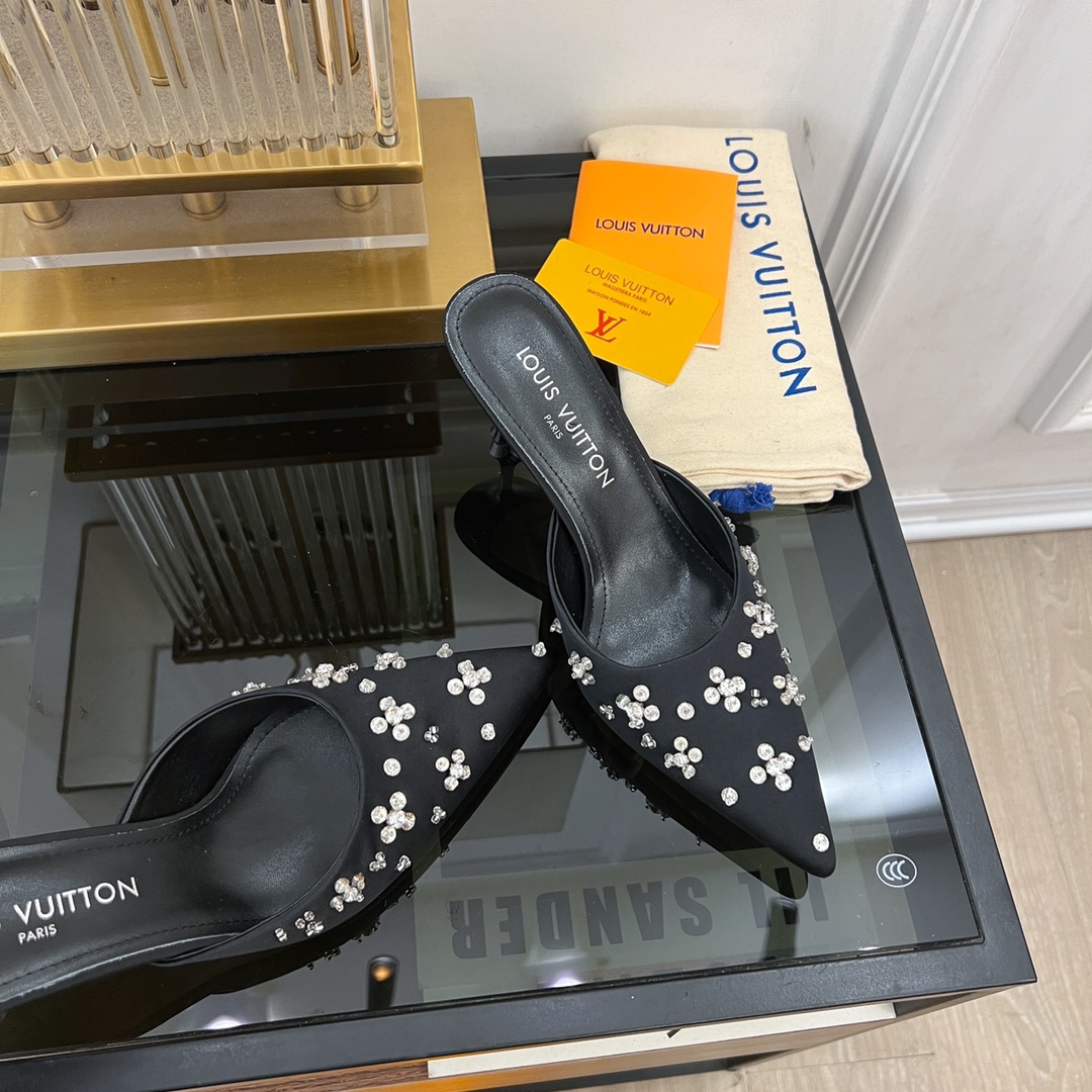 [TOP] Louis Vuitton LV 5.5cm/7.5cm High-heeled Slingback Slippers with Hand-sewn Diamond Pointed - Black