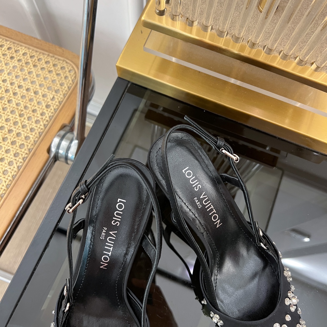 [TOP] Louis Vuitton LV 5.5cm/7.5cm High-heeled Slingback Sandals with Hand-sewn Diamond Pointed - Black