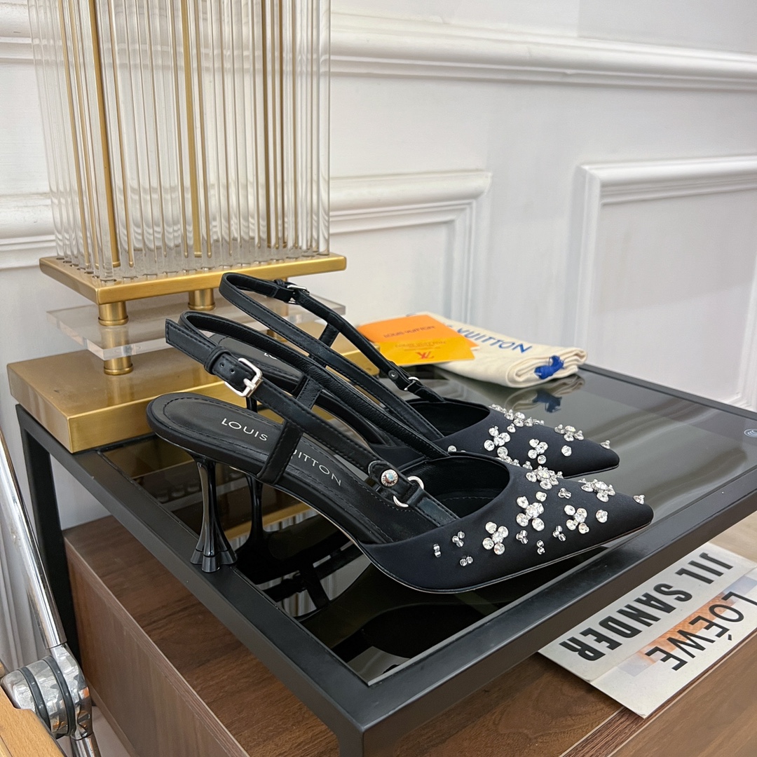 [TOP] Louis Vuitton LV 5.5cm/7.5cm High-heeled Slingback Sandals with Hand-sewn Diamond Pointed - Black