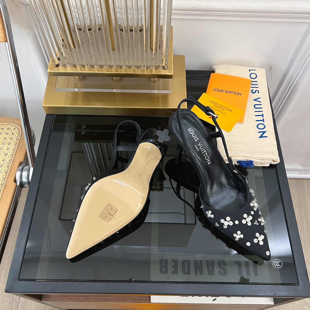 [TOP] Louis Vuitton LV 5.5cm/7.5cm High-heeled Slingback Sandals with Hand-sewn Diamond Pointed - Black