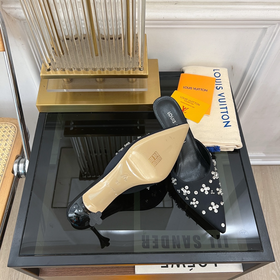 [TOP] Louis Vuitton LV 5.5cm/7.5cm High-heeled Slingback Slippers with Hand-sewn Diamond Pointed - Black