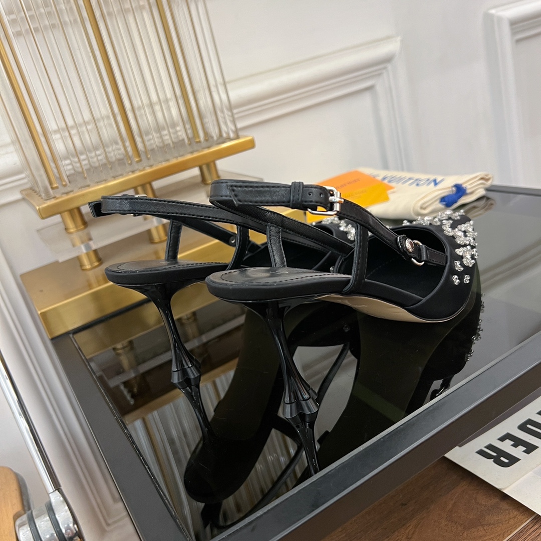 [TOP] Louis Vuitton LV 5.5cm/7.5cm High-heeled Slingback Sandals with Hand-sewn Diamond Pointed - Black