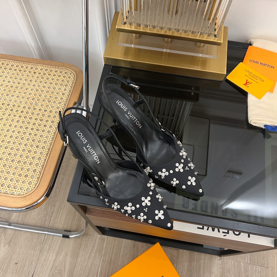 [TOP] Louis Vuitton LV 5.5cm/7.5cm High-heeled Slingback Sandals with Hand-sewn Diamond Pointed - Black