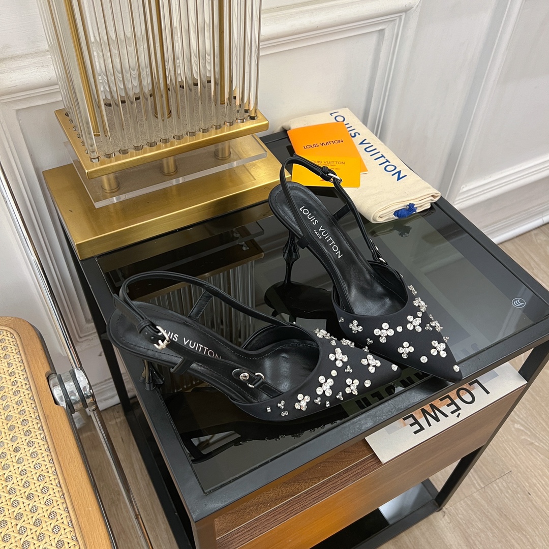 [TOP] Louis Vuitton LV 5.5cm/7.5cm High-heeled Slingback Sandals with Hand-sewn Diamond Pointed - Black