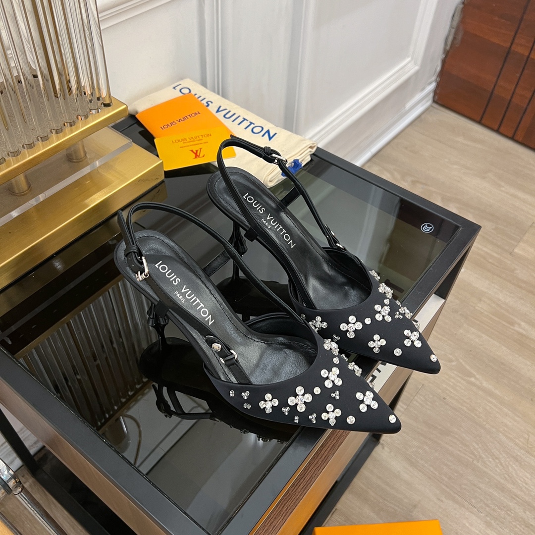 [TOP] Louis Vuitton LV 5.5cm/7.5cm High-heeled Slingback Sandals with Hand-sewn Diamond Pointed - Black