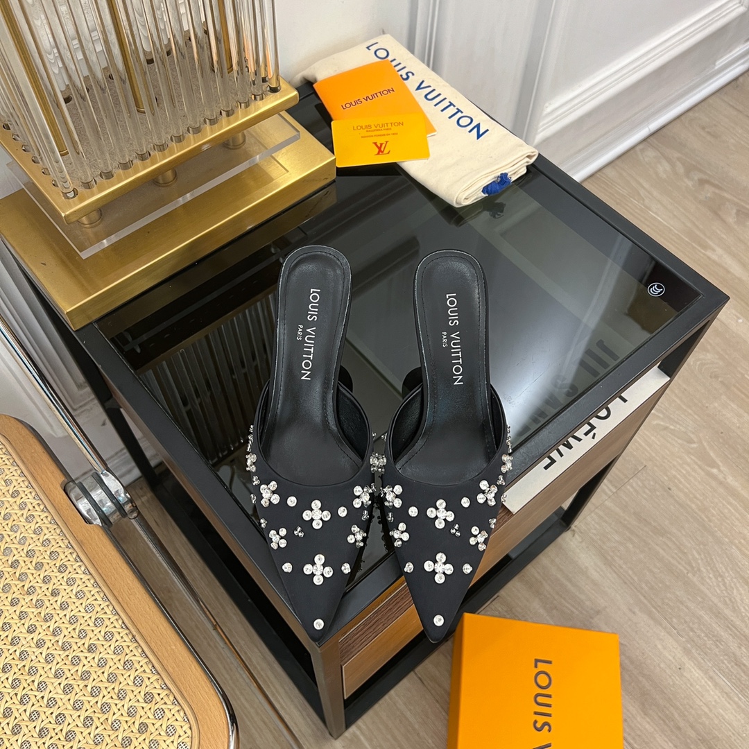 [TOP] Louis Vuitton LV 5.5cm/7.5cm High-heeled Slingback Slippers with Hand-sewn Diamond Pointed - Black