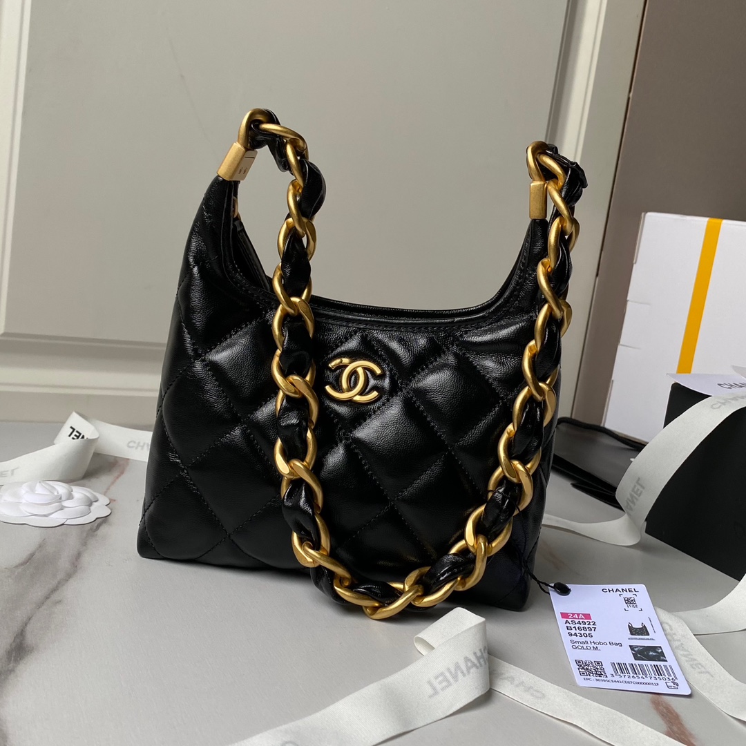 [TOP] CHANEL Waxed Lambskin Hobo Bag 22.5×19.5×8.5cm/38×20×10.5cm - Black