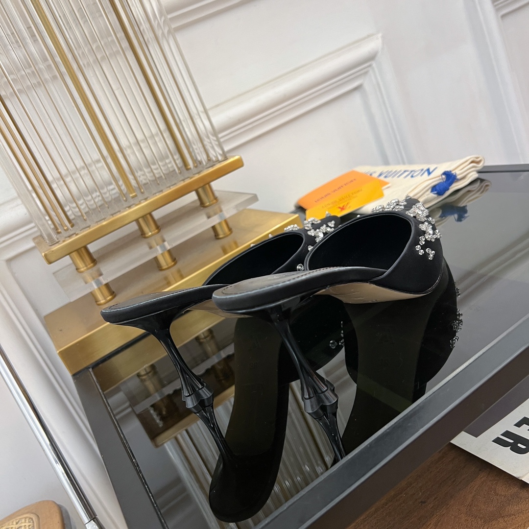 [TOP] Louis Vuitton LV 5.5cm/7.5cm High-heeled Slingback Slippers with Hand-sewn Diamond Pointed - Black