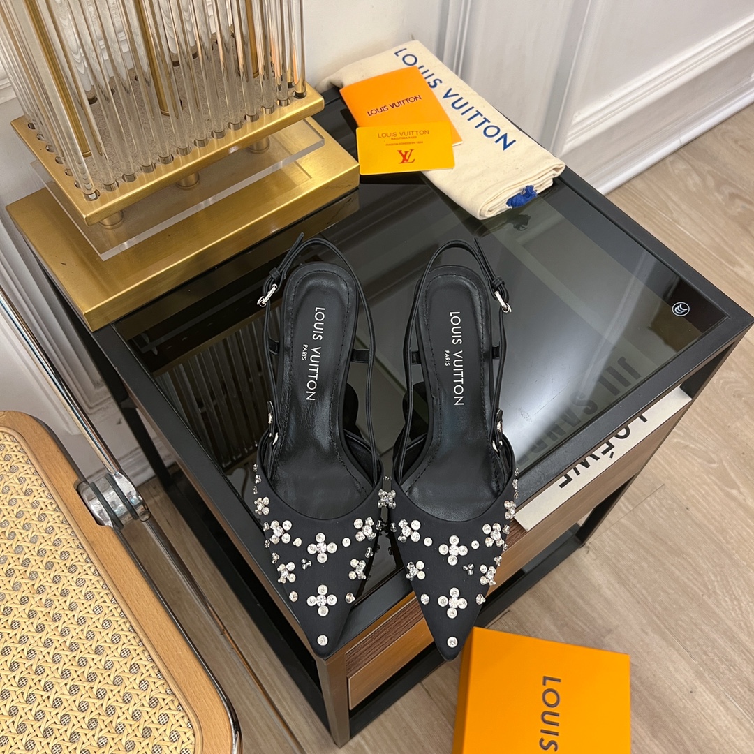 [TOP] Louis Vuitton LV 5.5cm/7.5cm High-heeled Slingback Sandals with Hand-sewn Diamond Pointed - Black