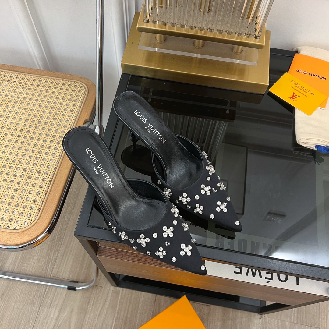 [TOP] Louis Vuitton LV 5.5cm/7.5cm High-heeled Slingback Slippers with Hand-sewn Diamond Pointed - Black