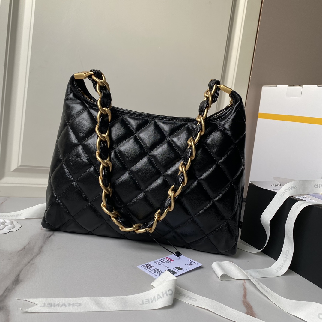 [TOP] CHANEL Waxed Lambskin Hobo Bag 22.5×19.5×8.5cm/38×20×10.5cm - Black
