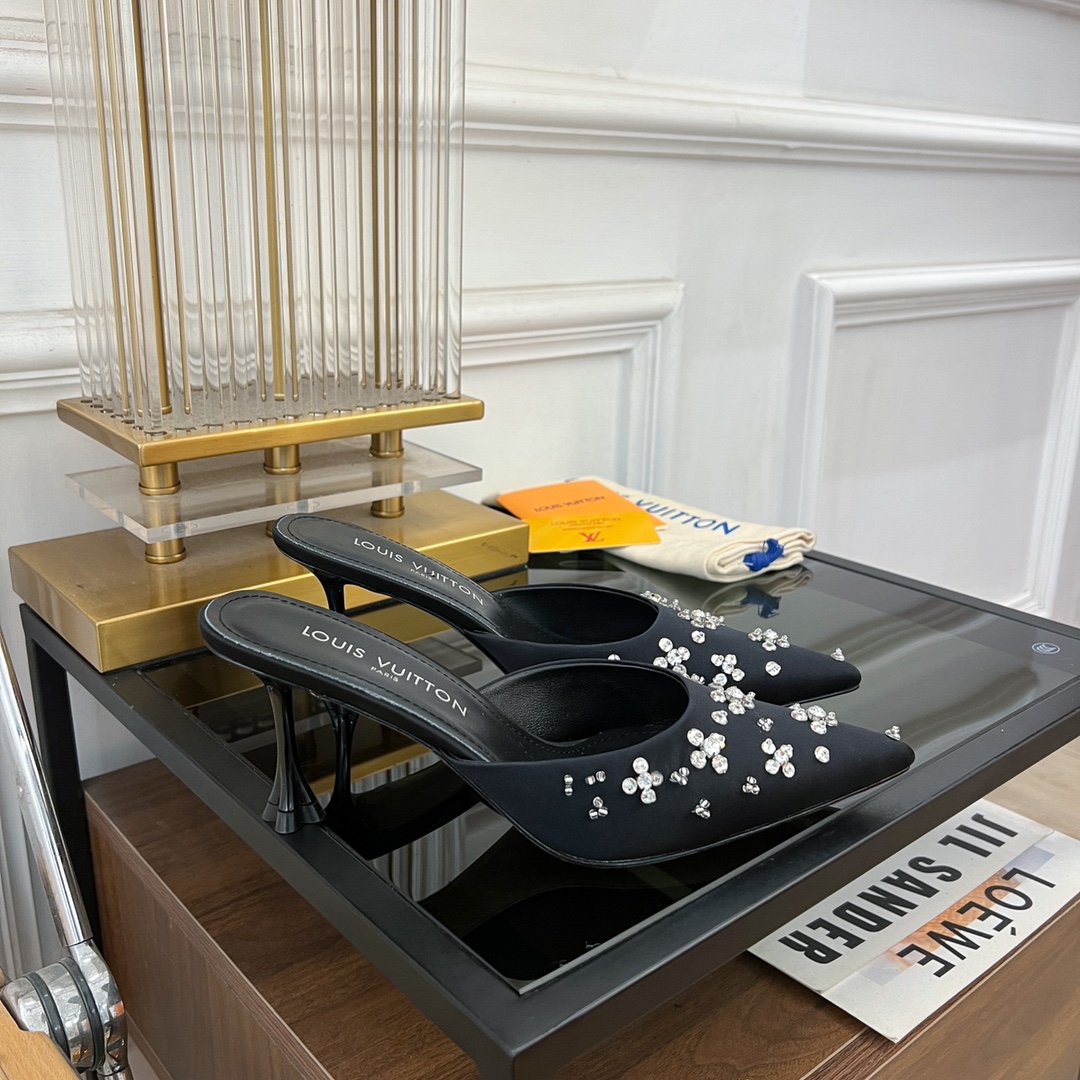 [TOP] Louis Vuitton LV 5.5cm/7.5cm High-heeled Slingback Slippers with Hand-sewn Diamond Pointed - Black