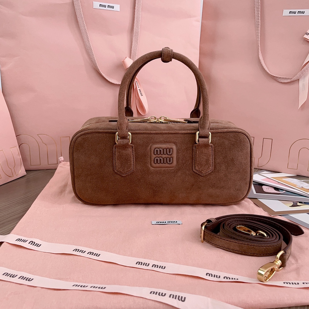 [TOP] Miu Miu Arcadie Suede Top Handle Bag 22x10.5x7.5cm/27x12x9cm - Yellow,  Brown