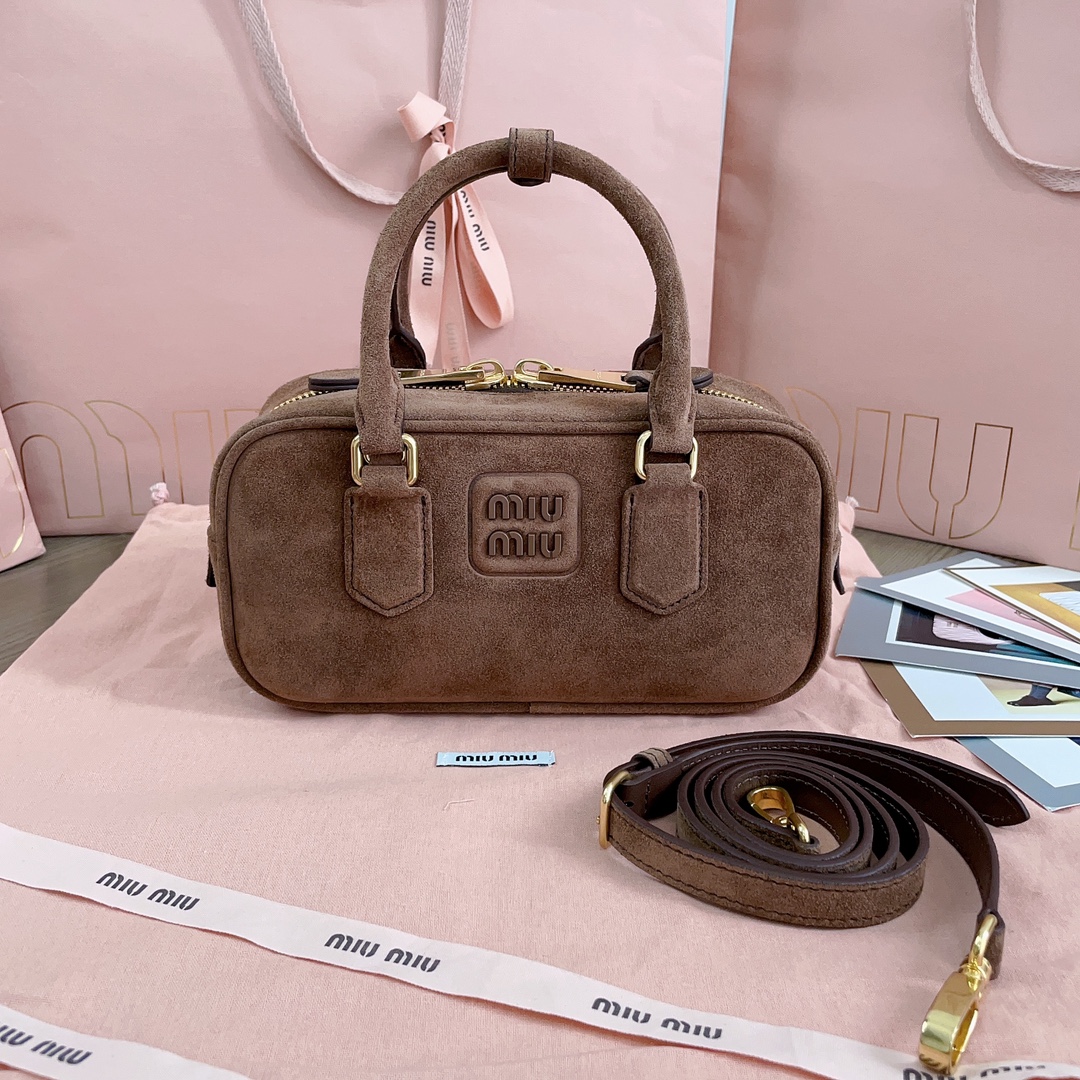 [TOP] Miu Miu Arcadie Suede Top Handle Bag 22x10.5x7.5cm/27x12x9cm - Yellow,  Brown