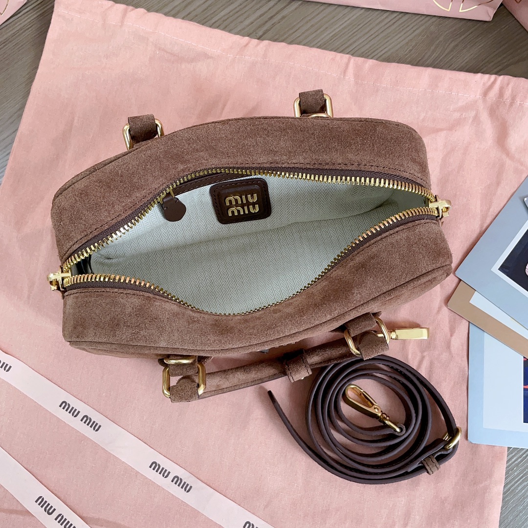 [TOP] Miu Miu Arcadie Suede Top Handle Bag 22x10.5x7.5cm/27x12x9cm - Yellow,  Brown