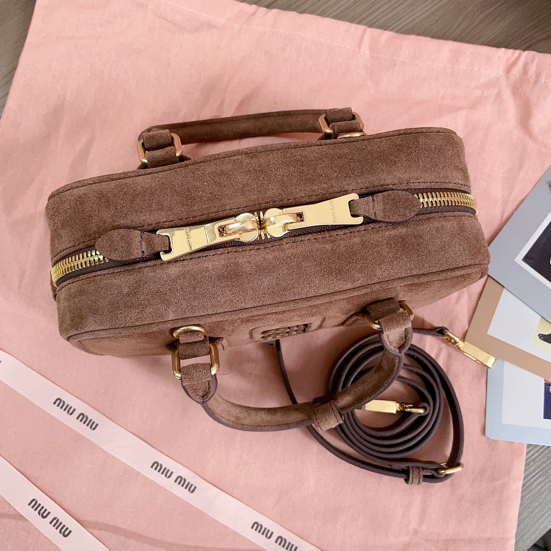 [TOP] Miu Miu Arcadie Suede Top Handle Bag 22x10.5x7.5cm/27x12x9cm - Yellow,  Brown