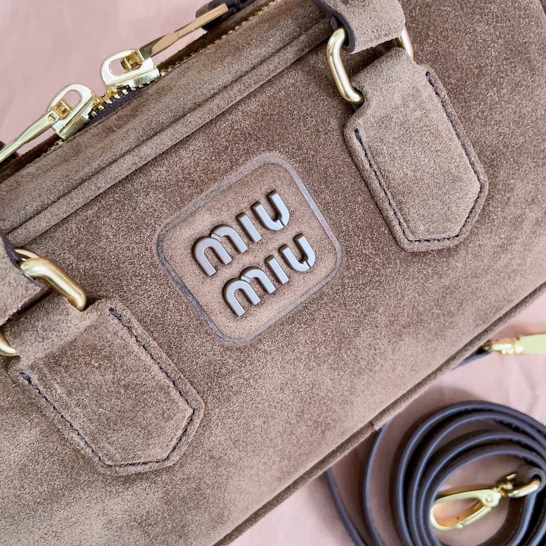 [TOP] Miu Miu Arcadie Suede Top Handle Bag 22x10.5x7.5cm/27x12x9cm - Yellow,  Brown