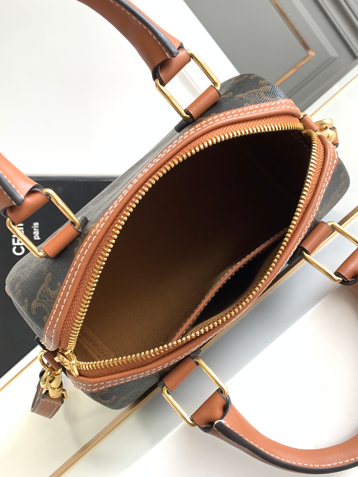 [TOP] CELINE Printed Cow Leather Boston Bag 19.5X14X7CM - Black&Brown