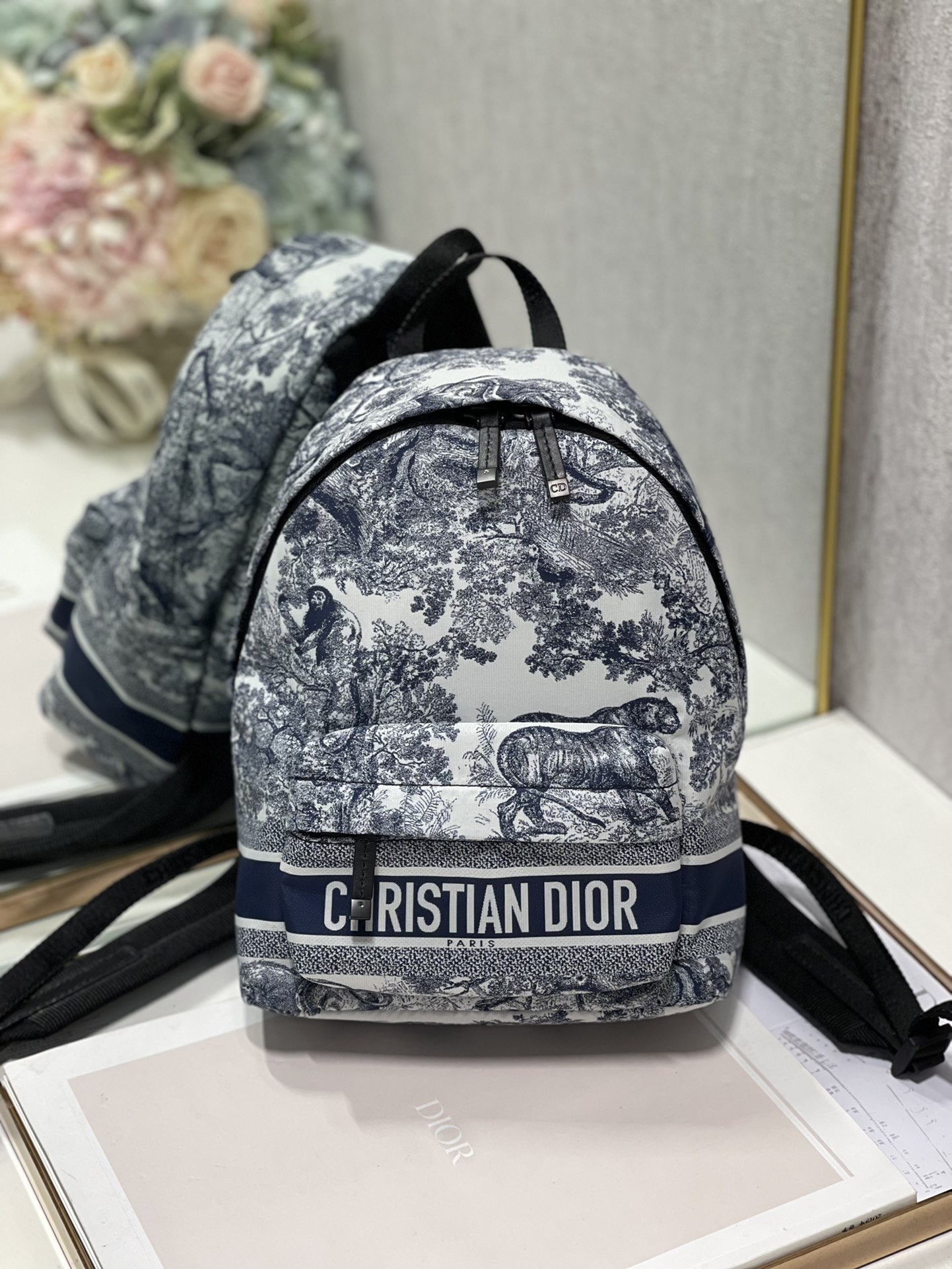 [TOP] Christian Dior Nylon Technical Fabric Toile De Jouy Small Diortravel Backpack 20×12×28cm-Blue
