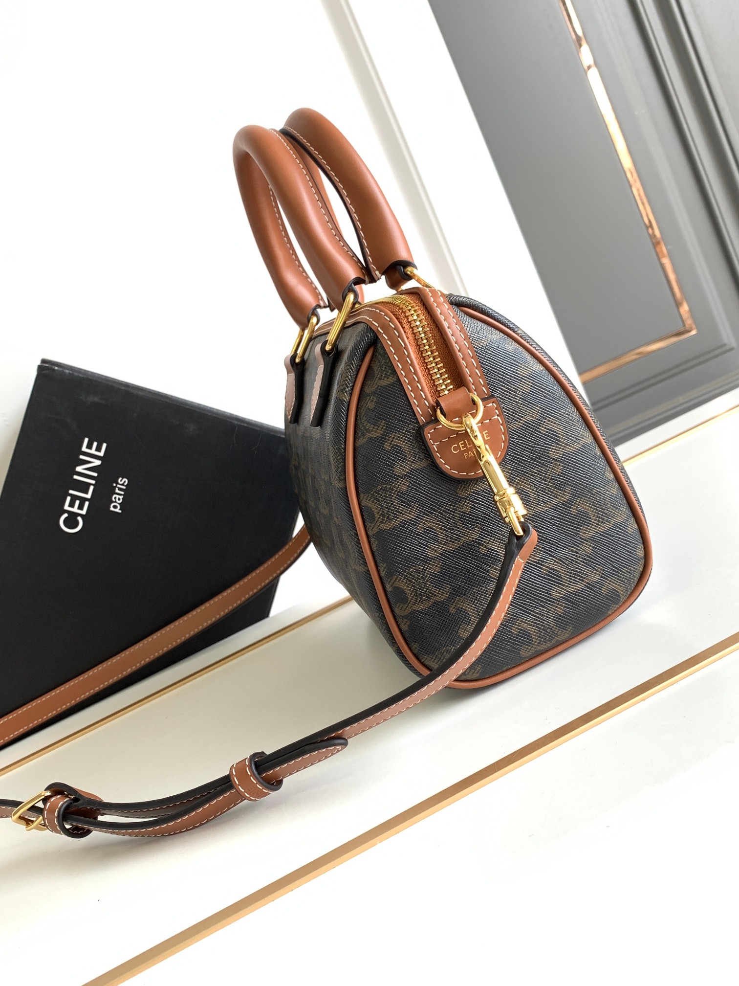 [TOP] CELINE Printed Cow Leather Boston Bag 19.5X14X7CM - Black&Brown