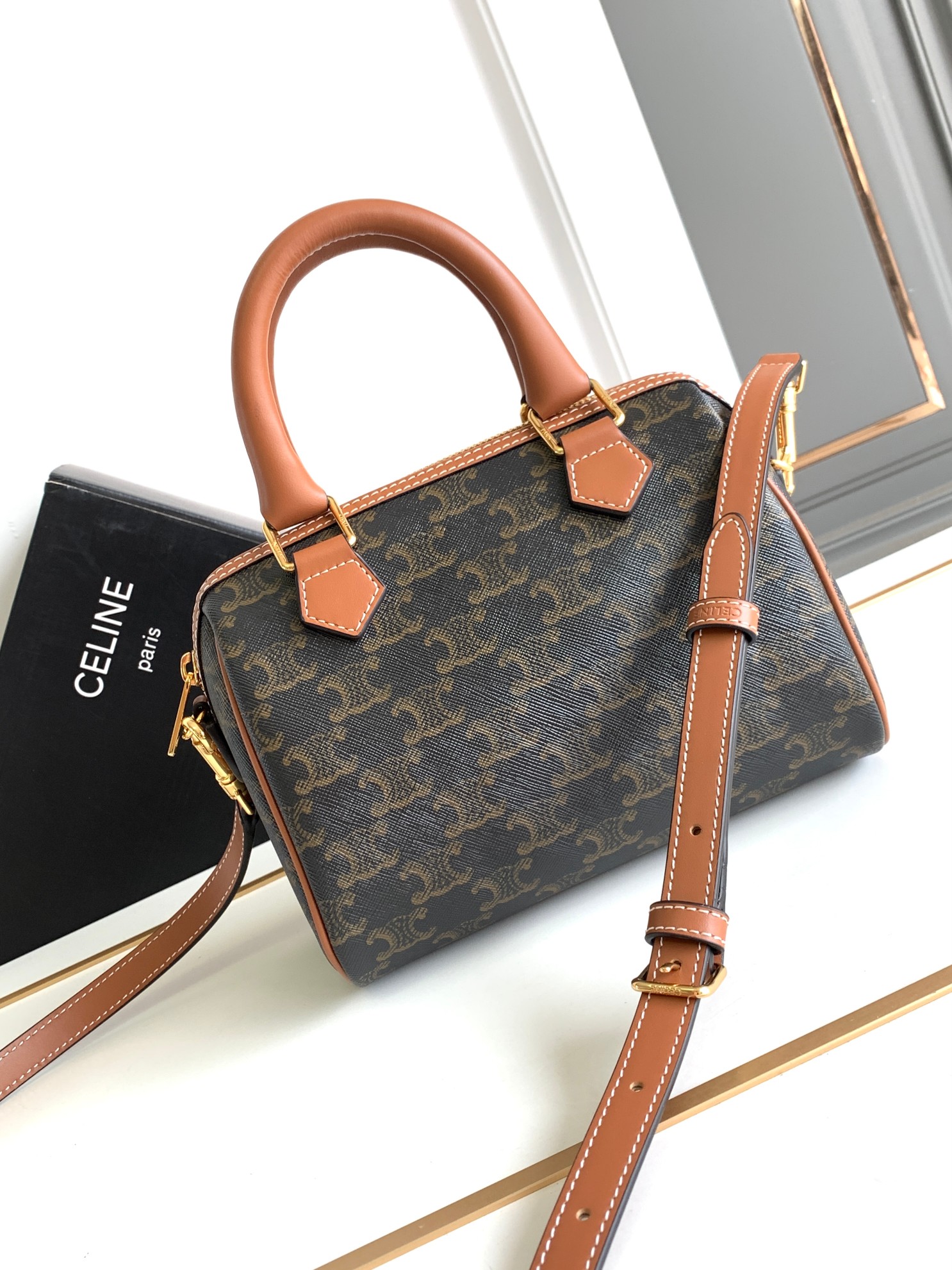 [TOP] CELINE Printed Cow Leather Boston Bag 19.5X14X7CM - Black&Brown