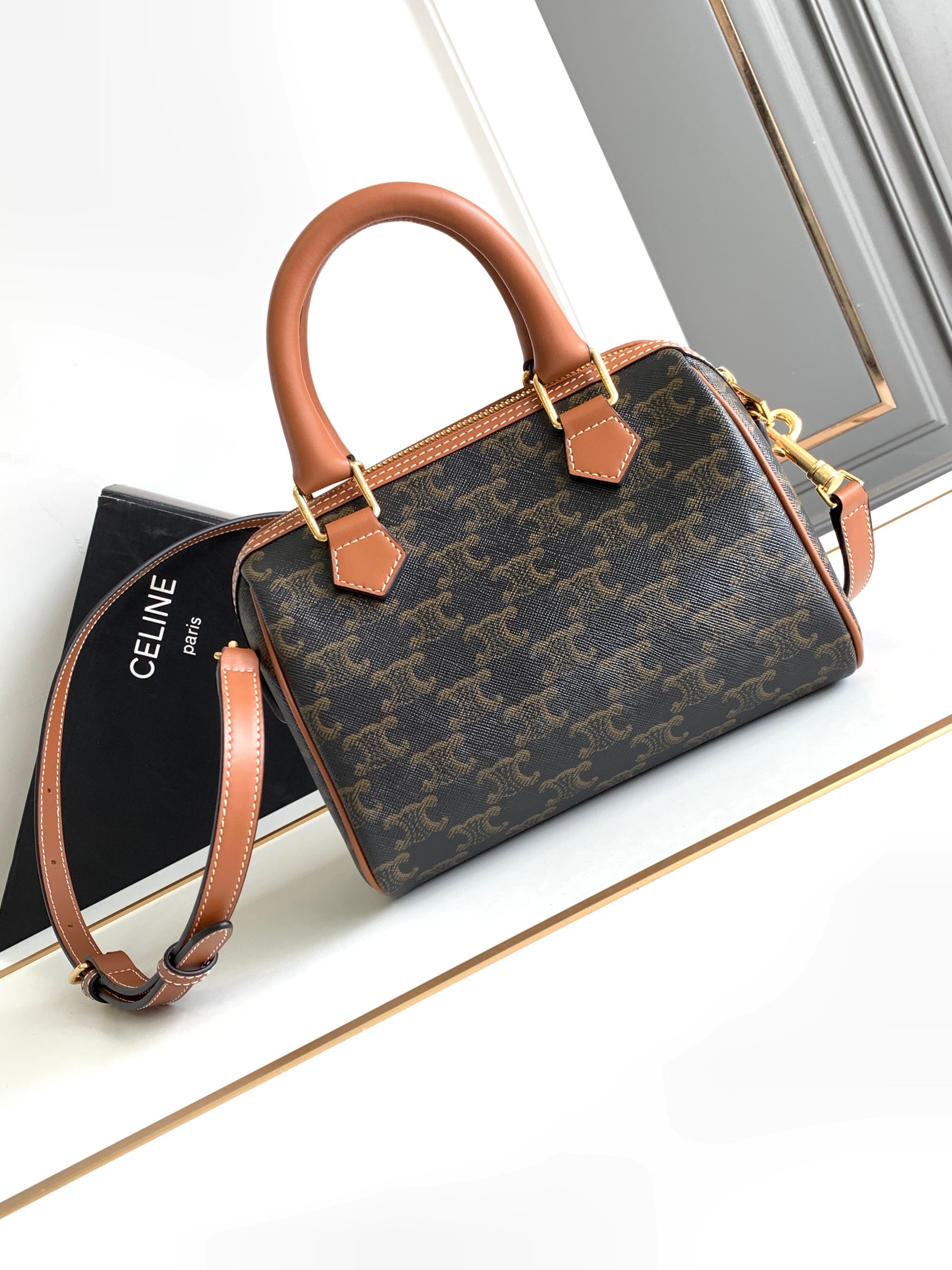 [TOP] CELINE Printed Cow Leather Boston Bag 19.5X14X7CM - Black&Brown