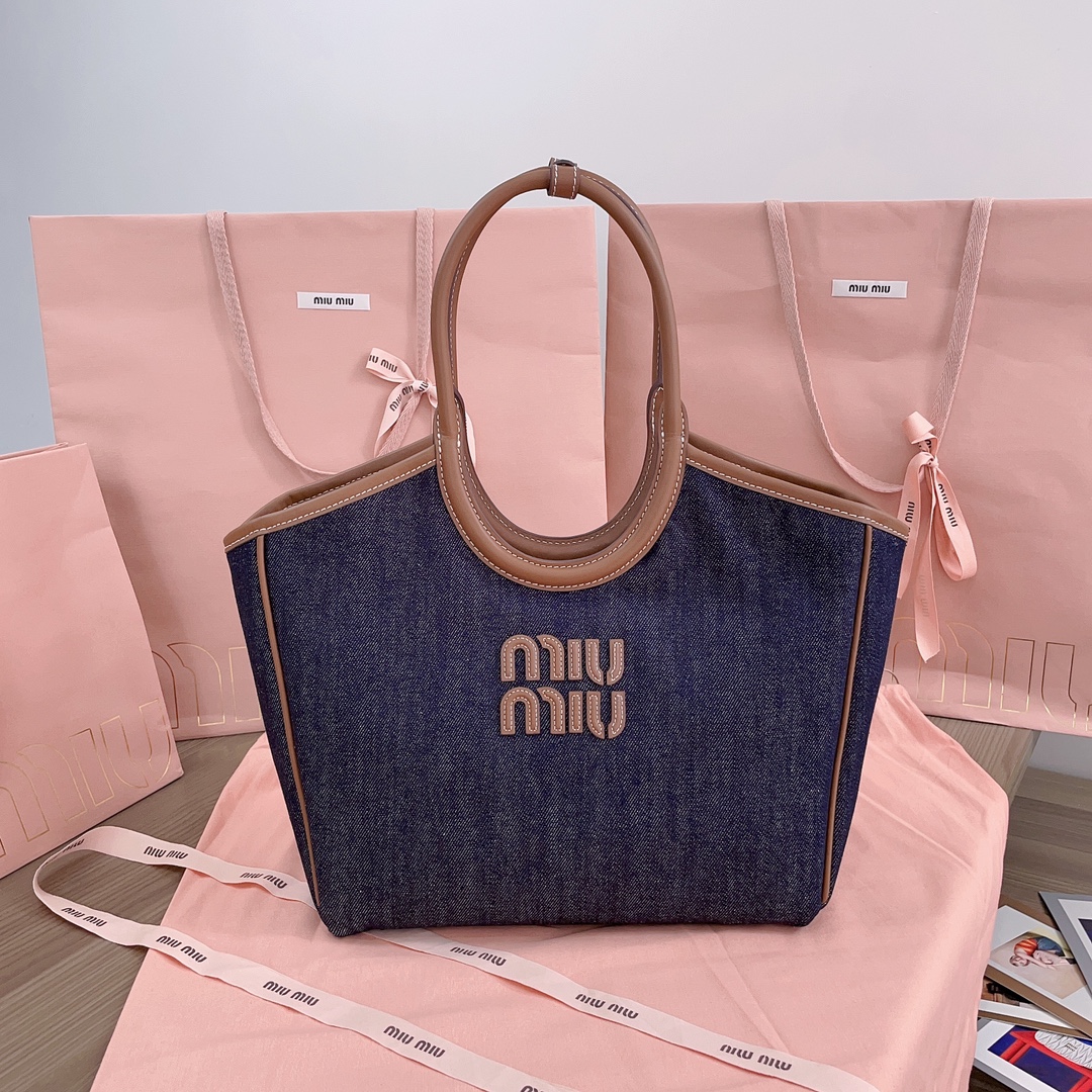 [TOP] Miu Miu Isedan Tote Bag Denim with Calfskin 22x14x11cm/28x26x12.5cm/38x38x18cm - Denim Blue