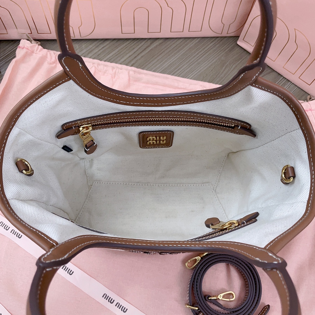 [TOP] Miu Miu Isedan Tote Bag Canvas with Calfskin 22x14x11cm/28x26x12.5cm/38x38x18cm - Beige