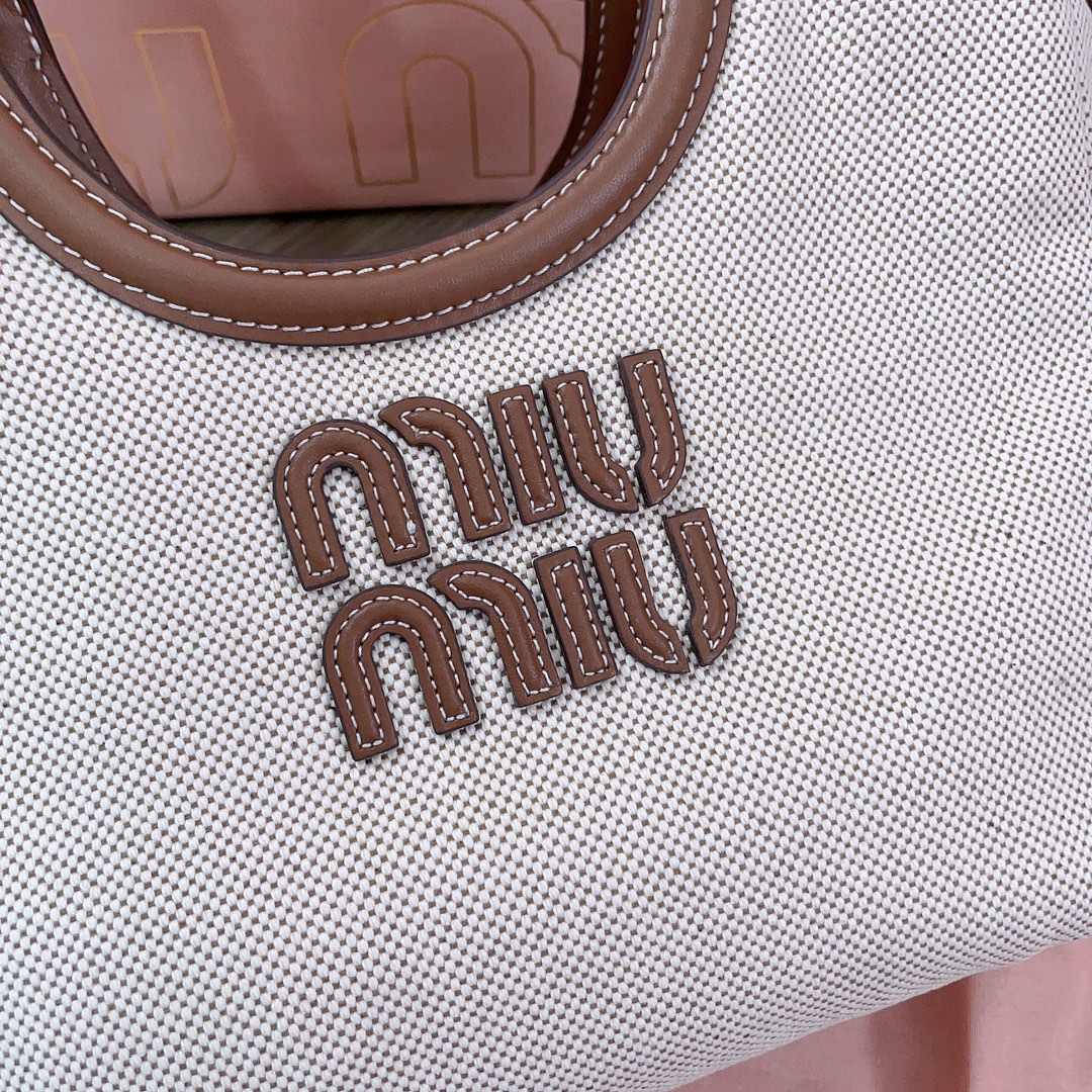 [TOP] Miu Miu Isedan Tote Bag Canvas with Calfskin 22x14x11cm/28x26x12.5cm/38x38x18cm - Beige