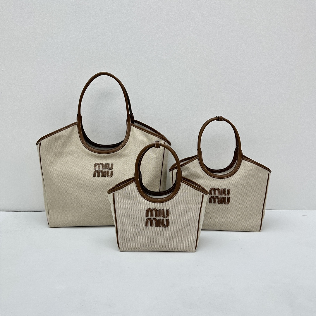 [TOP] Miu Miu Isedan Tote Bag Canvas with Calfskin 22x14x11cm/28x26x12.5cm/38x38x18cm - Beige