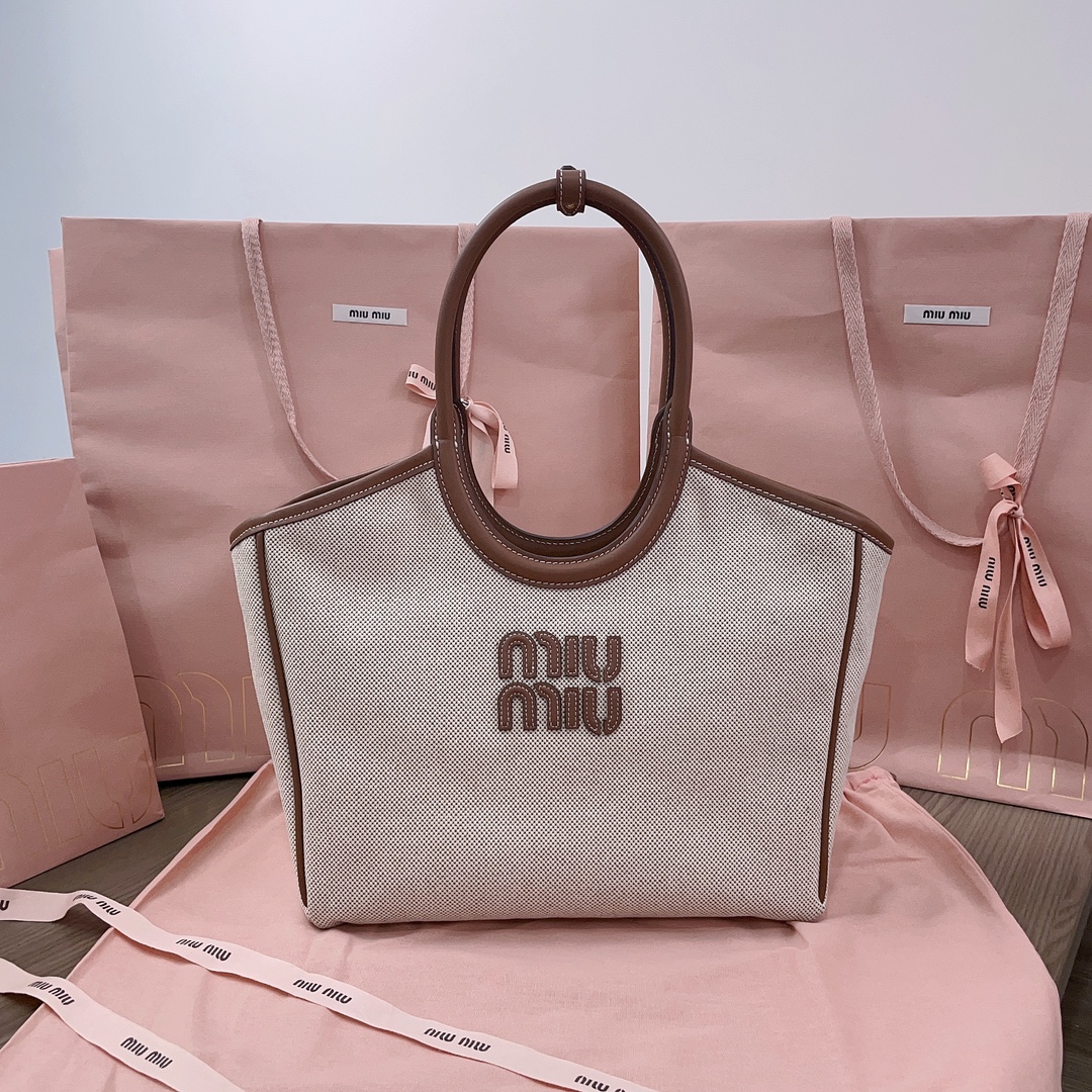 [TOP] Miu Miu Isedan Tote Bag Canvas with Calfskin 22x14x11cm/28x26x12.5cm/38x38x18cm - Beige