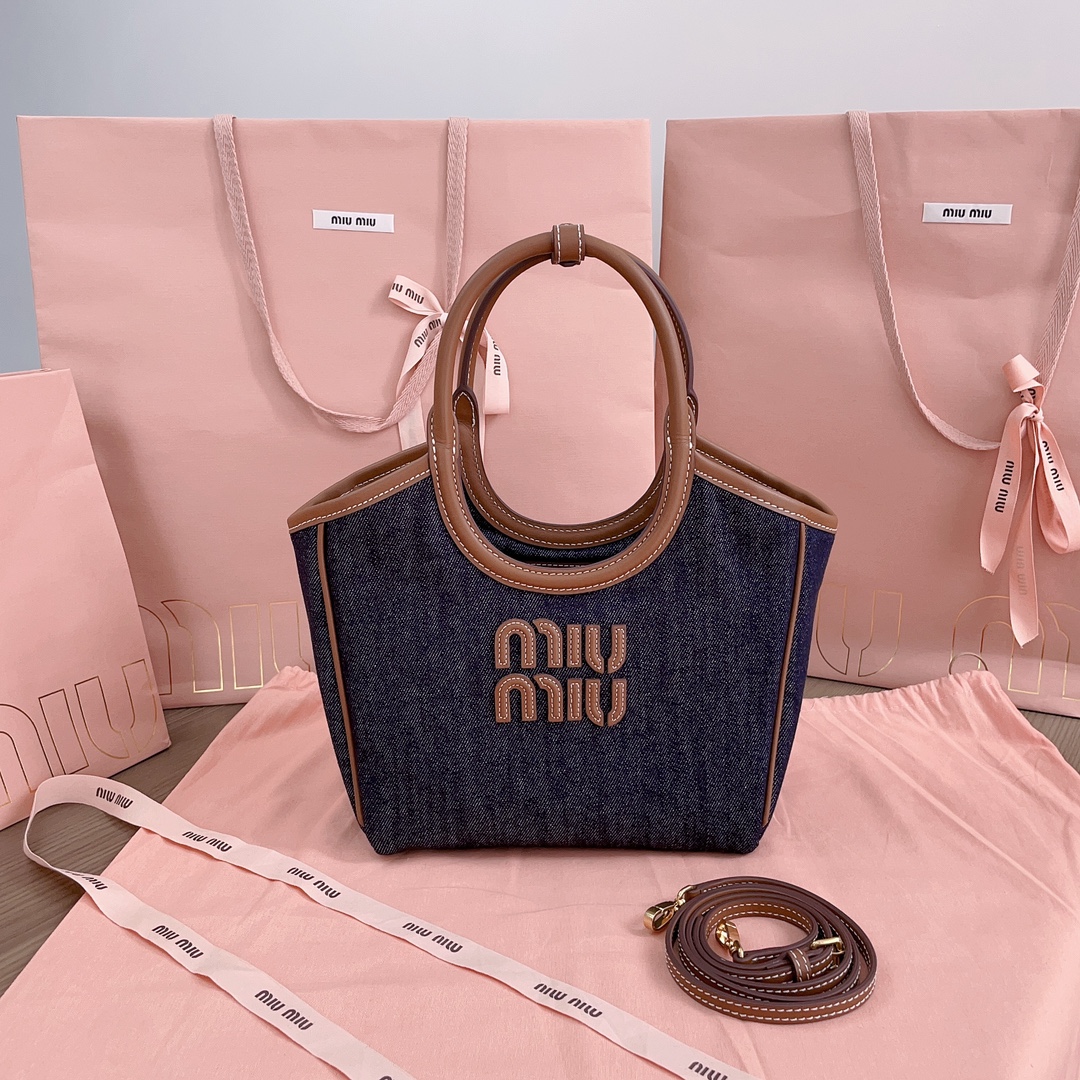[TOP] Miu Miu Isedan Tote Bag Denim with Calfskin 22x14x11cm/28x26x12.5cm/38x38x18cm - Denim Blue