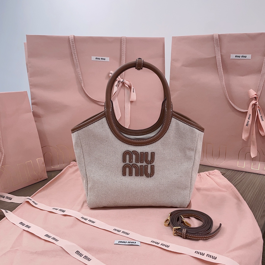 [TOP] Miu Miu Isedan Tote Bag Canvas with Calfskin 22x14x11cm/28x26x12.5cm/38x38x18cm - Beige