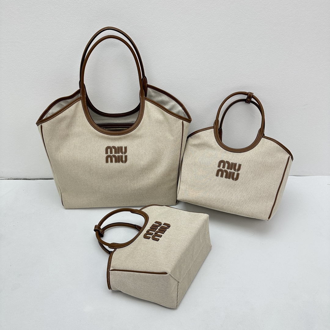 [TOP] Miu Miu Isedan Tote Bag Canvas with Calfskin 22x14x11cm/28x26x12.5cm/38x38x18cm - Beige