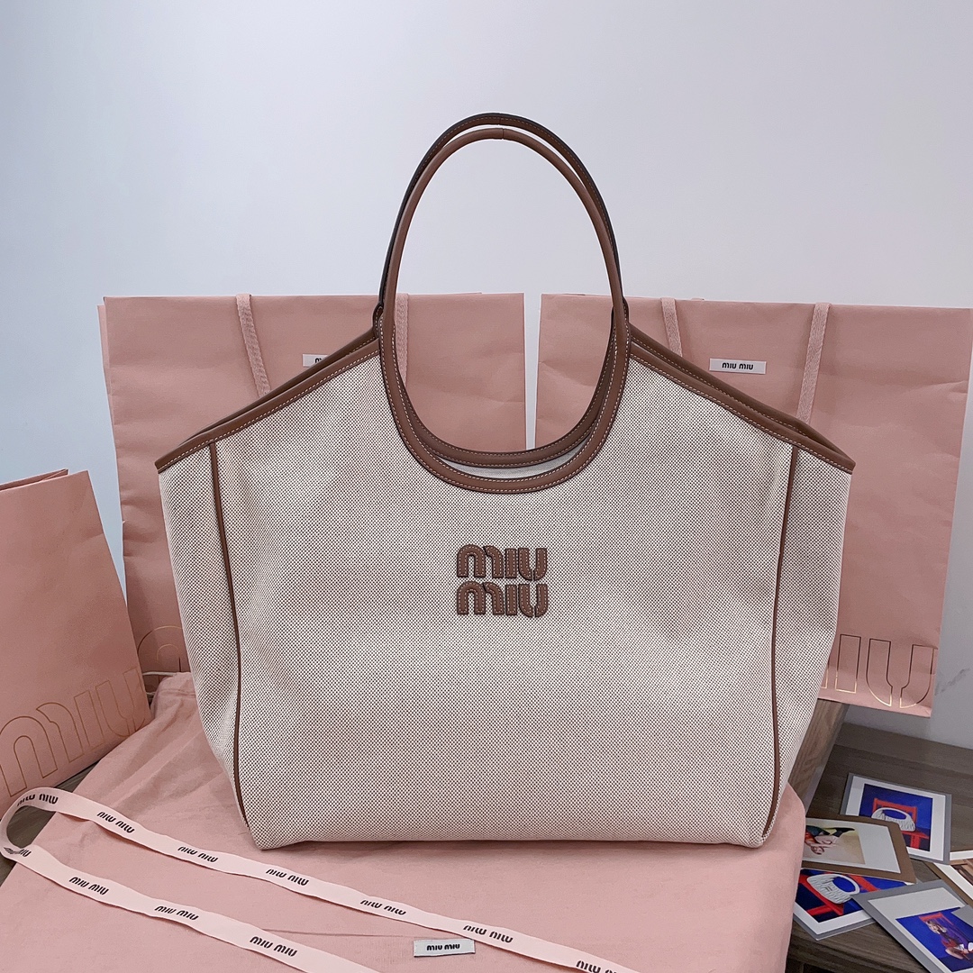[TOP] Miu Miu Isedan Tote Bag Canvas with Calfskin 22x14x11cm/28x26x12.5cm/38x38x18cm - Beige