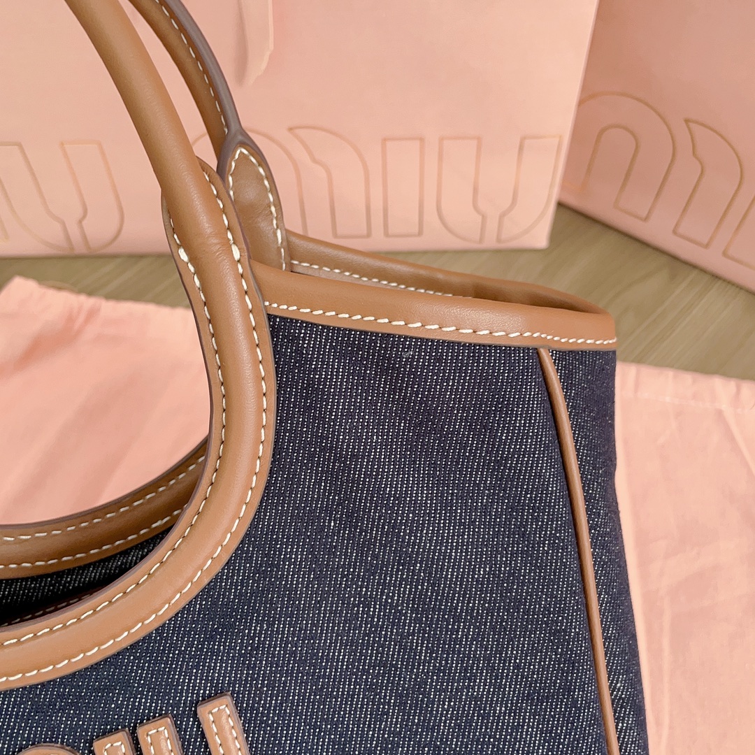 [TOP] Miu Miu Isedan Tote Bag Denim with Calfskin 22x14x11cm/28x26x12.5cm/38x38x18cm - Denim Blue