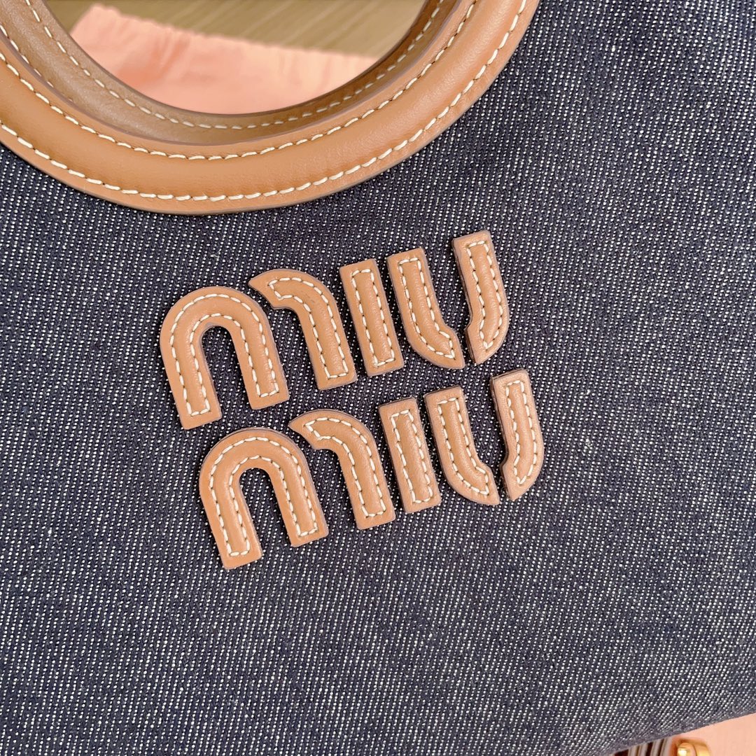 [TOP] Miu Miu Isedan Tote Bag Denim with Calfskin 22x14x11cm/28x26x12.5cm/38x38x18cm - Denim Blue