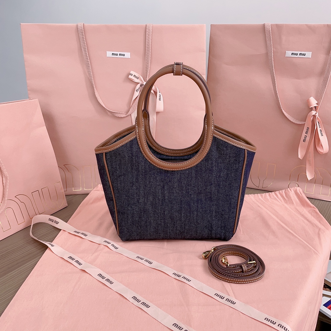 [TOP] Miu Miu Isedan Tote Bag Denim with Calfskin 22x14x11cm/28x26x12.5cm/38x38x18cm - Denim Blue