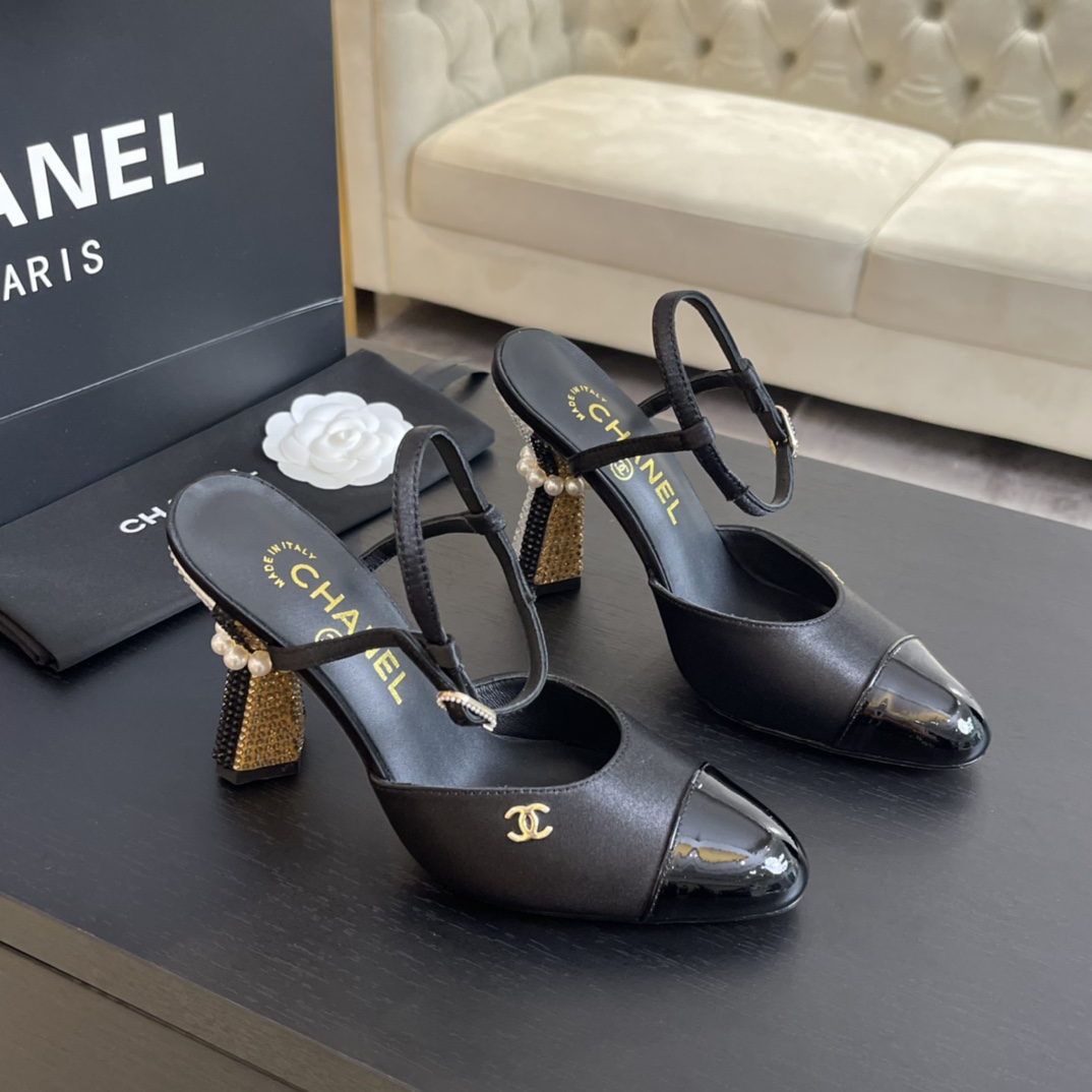 [TOP] CHANEL Pearl Heel 8.5cm High Heel Pumps - Black
