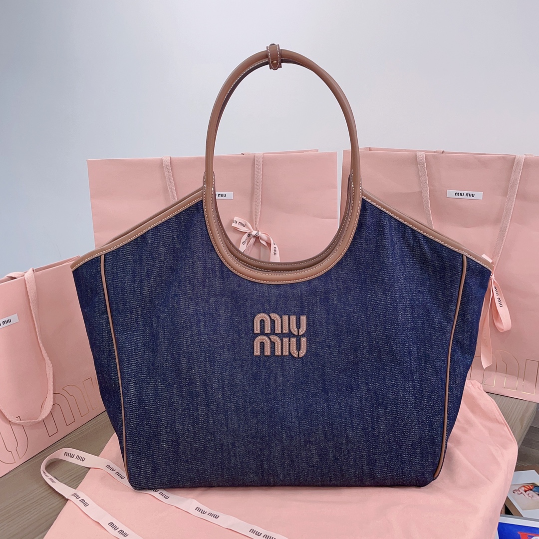 [TOP] Miu Miu Isedan Tote Bag Denim with Calfskin 22x14x11cm/28x26x12.5cm/38x38x18cm - Denim Blue