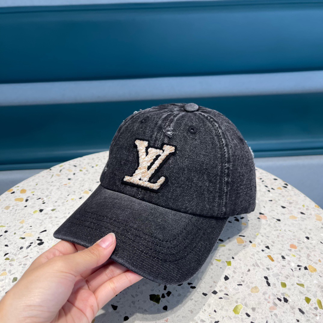 [TOP] Louis Vuitton LV Denim Washed Embroidery Hat - Black